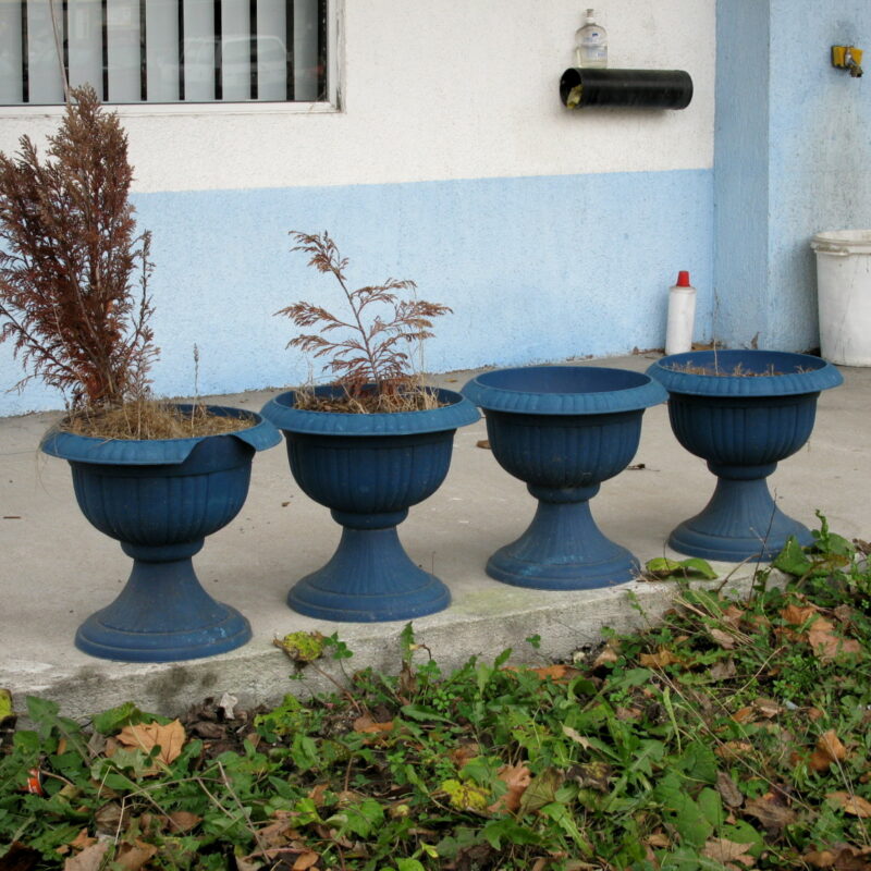 Plastikne Pflanzschalen-Phalanx (Fürth, Cadolzburger Straße)