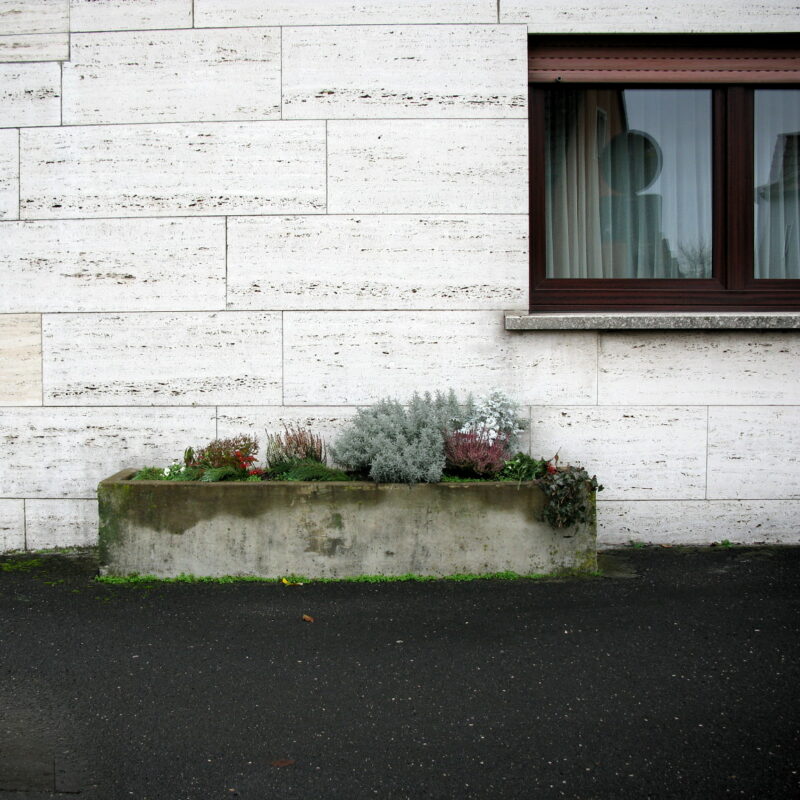 Pflanzentrog vor plattenverkleideter Hausfassade (Markt Erlbach)